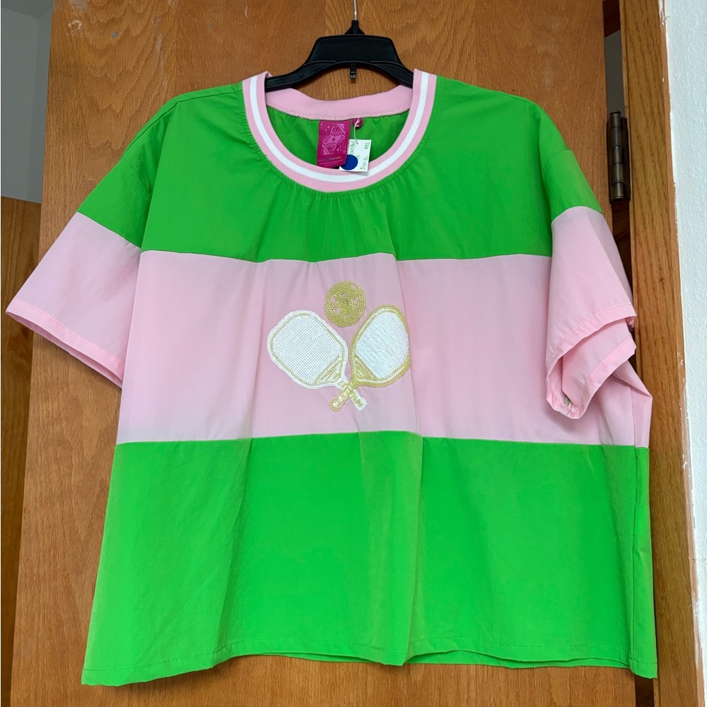 NWT Queen of Sparkles Pickleball pink green shirt XL